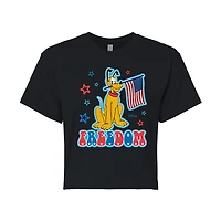 Disney Freedom Cropped Womens Juniors Crew Neck Short Sleeve Regular Fit Mickey and Friends Pluto Graphic T-Shirt