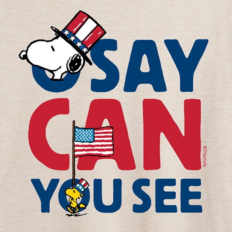 Woodstock O Say Can You See Womens Juniors Crew Neck Short Sleeve Oversized Peanuts Snoopy Graphic T-Shirt