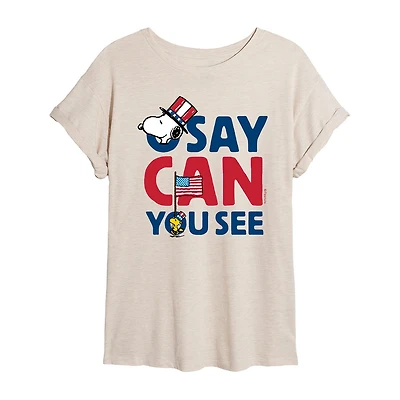 Woodstock O Say Can You See Womens Juniors Crew Neck Short Sleeve Oversized Peanuts Snoopy Graphic T-Shirt