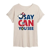 Woodstock O Say Can You See Womens Juniors Crew Neck Short Sleeve Oversized Peanuts Snoopy Graphic T-Shirt