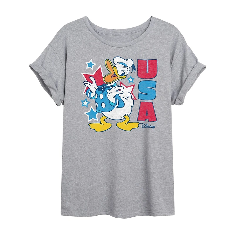 Disney Usa Womens Juniors Crew Neck Short Sleeve Oversized Donald Duck Mickey and Friends Graphic T-Shirt
