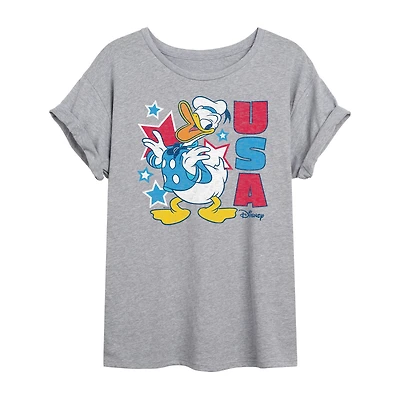 Disney Usa Womens Juniors Crew Neck Short Sleeve Oversized Donald Duck Mickey and Friends Graphic T-Shirt