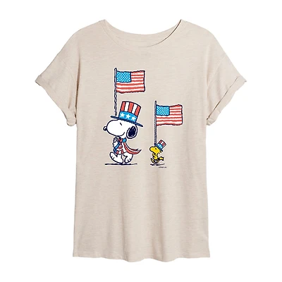 Woodstock Flag Womens Juniors Crew Neck Short Sleeve Oversized Peanuts Snoopy Graphic T-Shirt