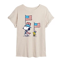 Woodstock Flag Womens Juniors Crew Neck Short Sleeve Oversized Peanuts Snoopy Graphic T-Shirt
