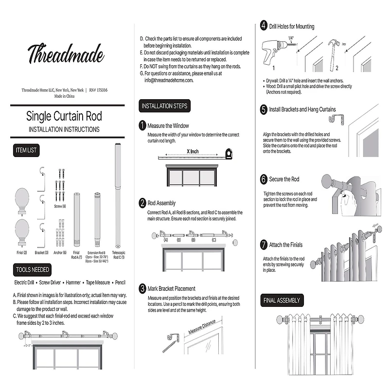 Florence 1-Inch Adjustable Decorative Single Curtain Rod with Stacked Square Finials