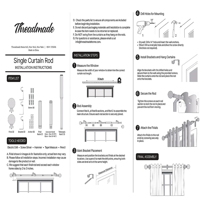 Shaker 3/4-Inch Adjustable Single Curtain Rod with Rounded End Cap Finials