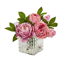 Nearly Natural Peony In Glass Vase Artificial Flowers