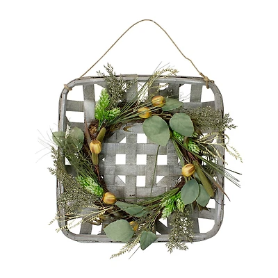 Northlight Cattail Grapevine Wooden Tray Hanging Wreath