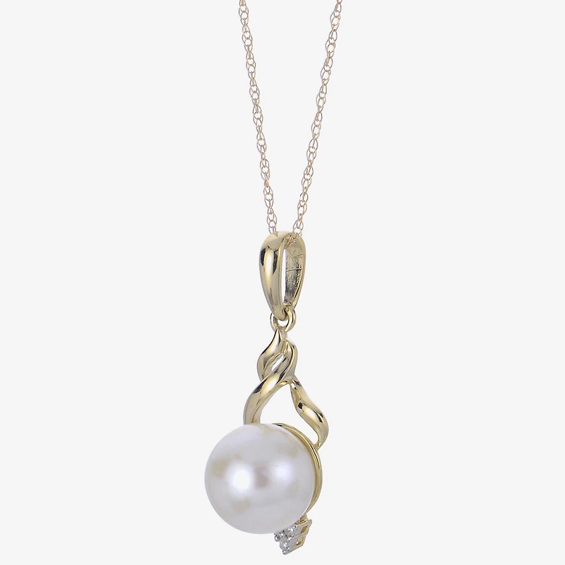 Womens Diamond Accent White Cultured Freshwater Pearl 10K Gold 18 Inch Pendant Necklace
