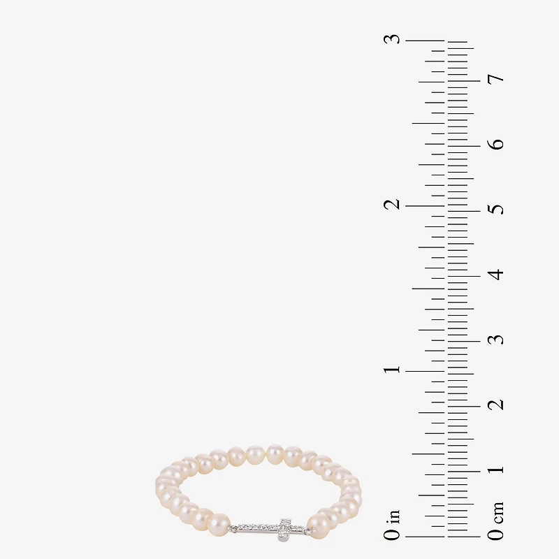 Cultured Freshwater Pearl & Crystal Sideways Cross Stretch Bracelet