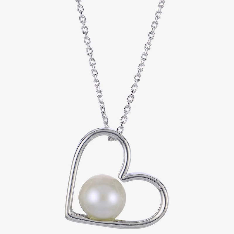 Womens White Cultured Freshwater Pearl Sterling Silver Heart 18 Inch Pendant Necklace