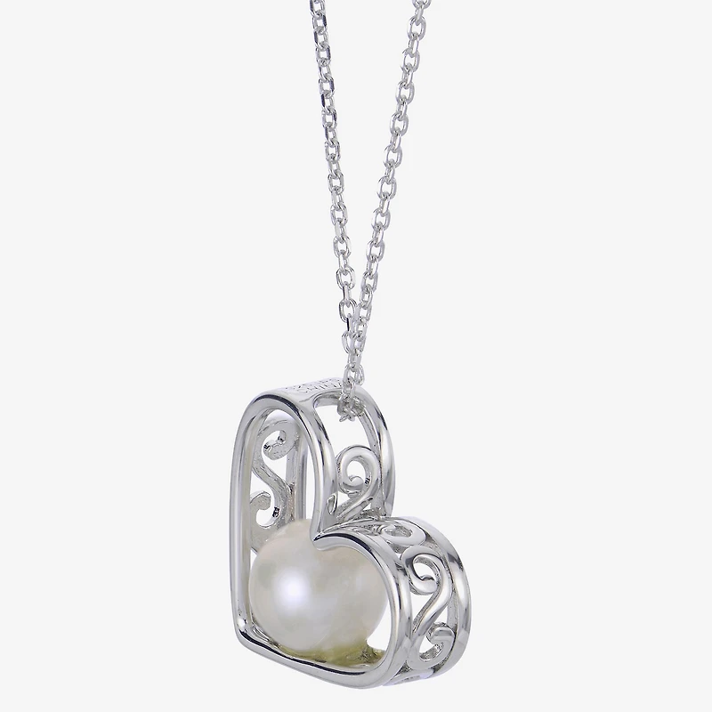 Womens White Cultured Freshwater Pearl Sterling Silver Heart 18 Inch Pendant Necklace