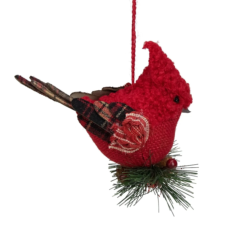 6.5'' Red Burlap Cardinal with Pine Needles and Berries Christmas Ornament