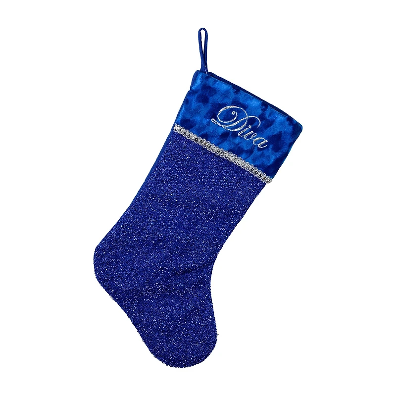 17'' Blue and Silver Embroidered 'Diva' Christmas Stocking with Cuff