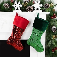 20'' Shiny Metallic Green Sequined Christmas Stocking with Velveteen Cuff