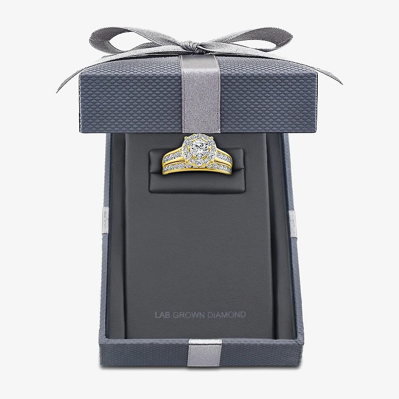 (F / Si2) Womens 2 CT. T.W. Lab Grown White Diamond 14K Gold Over Silver Round Side Stone Halo Bridal Set