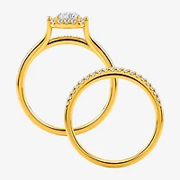 (H / I1-I2) Womens 1 CT. T.W. Lab Grown White Diamond Sterling Silver Round Side Stone Halo Bridal Set