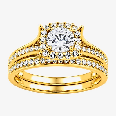 (H / I1-I2) Womens 1 CT. T.W. Lab Grown White Diamond Sterling Silver Round Side Stone Halo Bridal Set