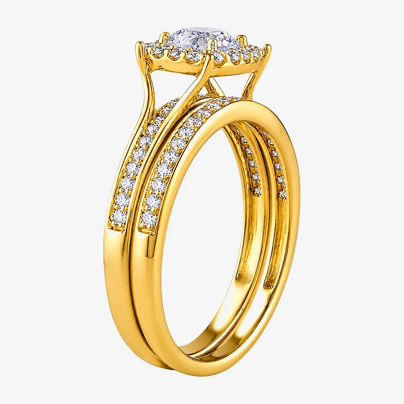 (H / I1-I2) Womens 1 CT. T.W. Lab Grown White Diamond Sterling Silver Round Side Stone Halo Bridal Set