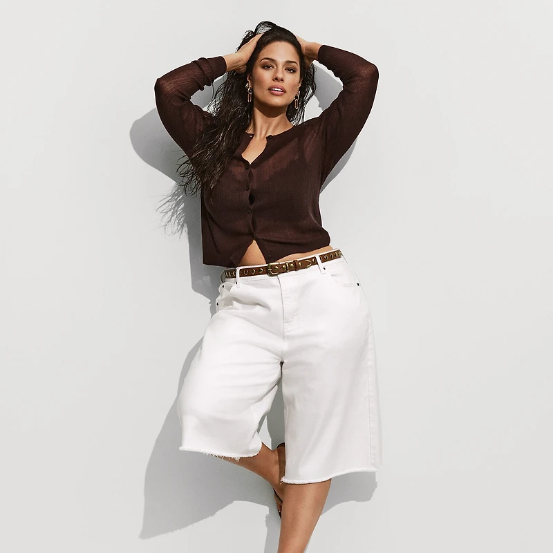 Ashley Graham Womens Plus Crew Neck Long Sleeve Cardigan