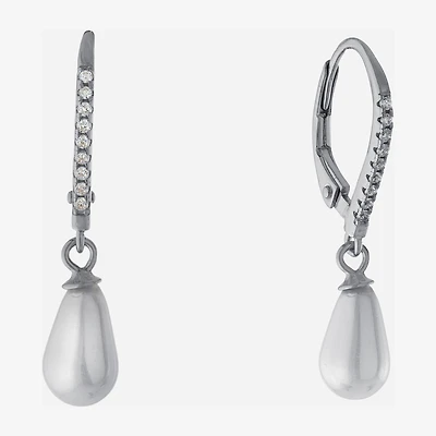 Silver Treasures Womens Simulated Pearl Sterling Silver Round Drop Earrings