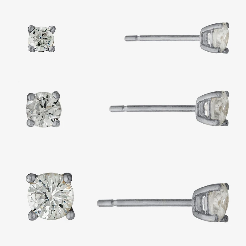 Silver Treasures Womens Cubic Zirconia Sterling Silver Round Pair Earring Set