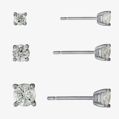 Silver Treasures Womens Cubic Zirconia Sterling Silver Round 3 Pair Earring Set