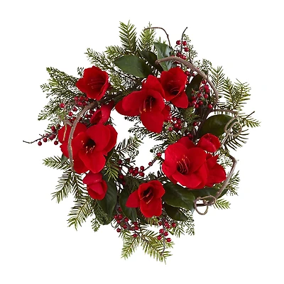 Nearly Natural 24in Amaryllis Wreath