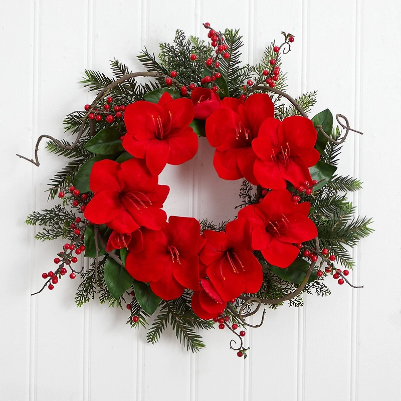 Nearly Natural 24in Amaryllis Wreath