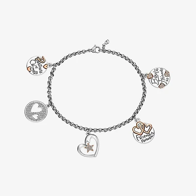 Footnotes Friends Womens Crystal Pure Silver Over Brass Stainless Steel Heart Star Charm Bracelet