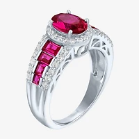 Womens Lab Created Red Ruby Sterling Silver Halo Side Stone Cocktail Ring