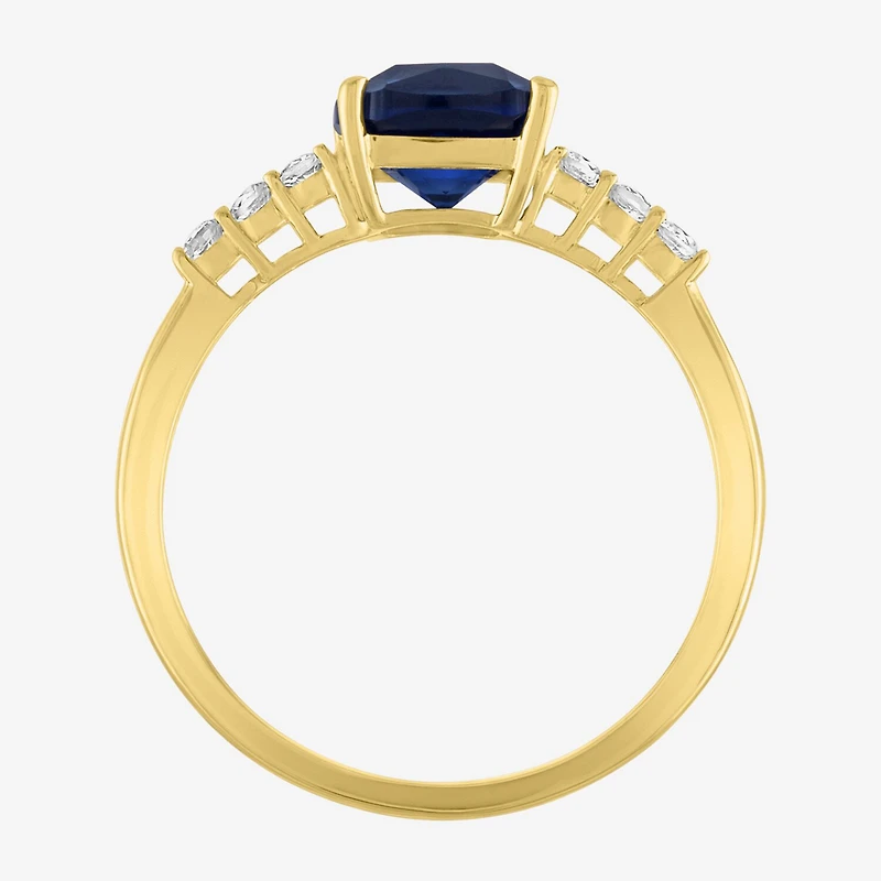 Womens Lab Created Gemstone 10K Gold Side Stone Solitaire Cushion Cocktail Ring