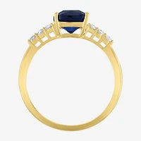 Womens Lab Created Gemstone 10K Gold Side Stone Solitaire Cushion Cocktail Ring