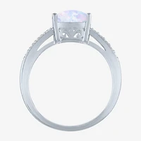Womens Lab Created White Opal Sterling Silver Side Stone Solitaire Cocktail Ring