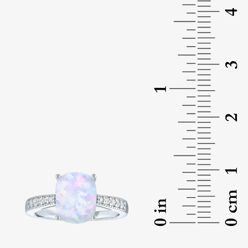 Womens Lab Created White Opal Sterling Silver Side Stone Solitaire Cocktail Ring