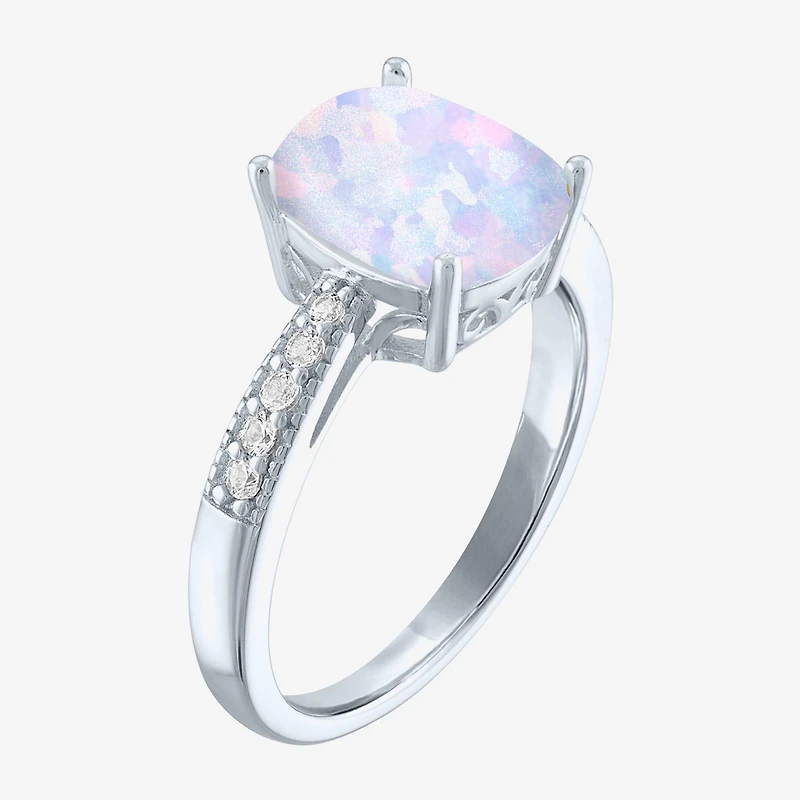 Womens Lab Created White Opal Sterling Silver Side Stone Solitaire Cocktail Ring