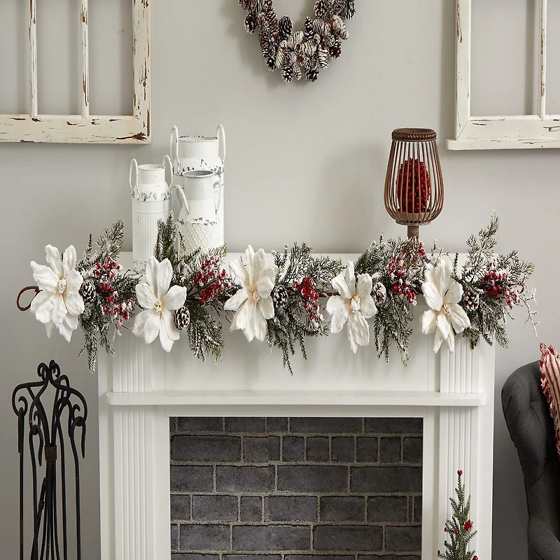 Nearly Natural 60” Frosted Magnolia & Berry Artificial Garland Flocked Christmas Indoor Garland