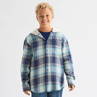 Thereabouts Little & Big Kid Boys Hooded Long Sleeve Cuffed Regular Fit Button-Down Shirt
