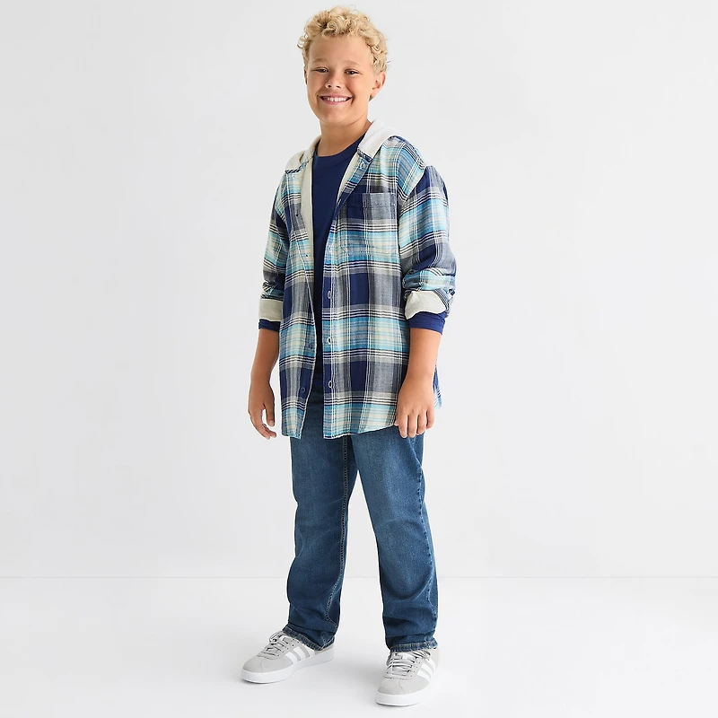 Thereabouts Little & Big Kid Boys Hooded Long Sleeve Cuffed Regular Fit Button-Down Shirt