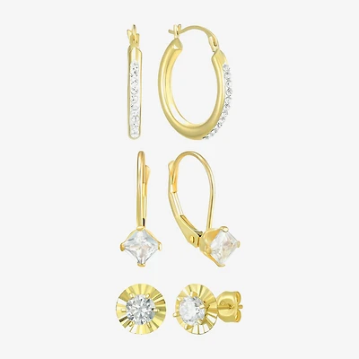 Womens Cubic Zirconia 10K Gold Round 3 Pair Earring Set