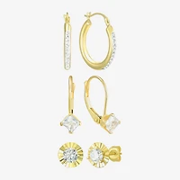 Womens Cubic Zirconia 10K Gold Round 3 Pair Earring Set