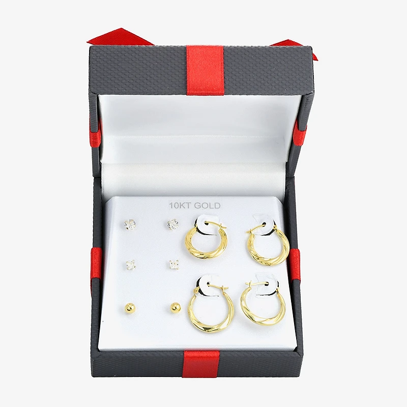 Womens Cubic Zirconia 10K Gold Round Square 5 Pair Earring Set