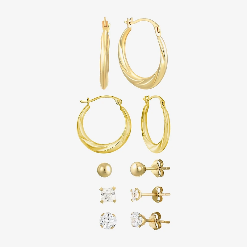 Womens Cubic Zirconia 10K Gold Round Square 5 Pair Earring Set