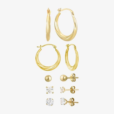 Womens Cubic Zirconia 10K Gold Round Square 5 Pair Earring Set