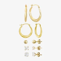 Womens Cubic Zirconia 10K Gold Round Square 5 Pair Earring Set