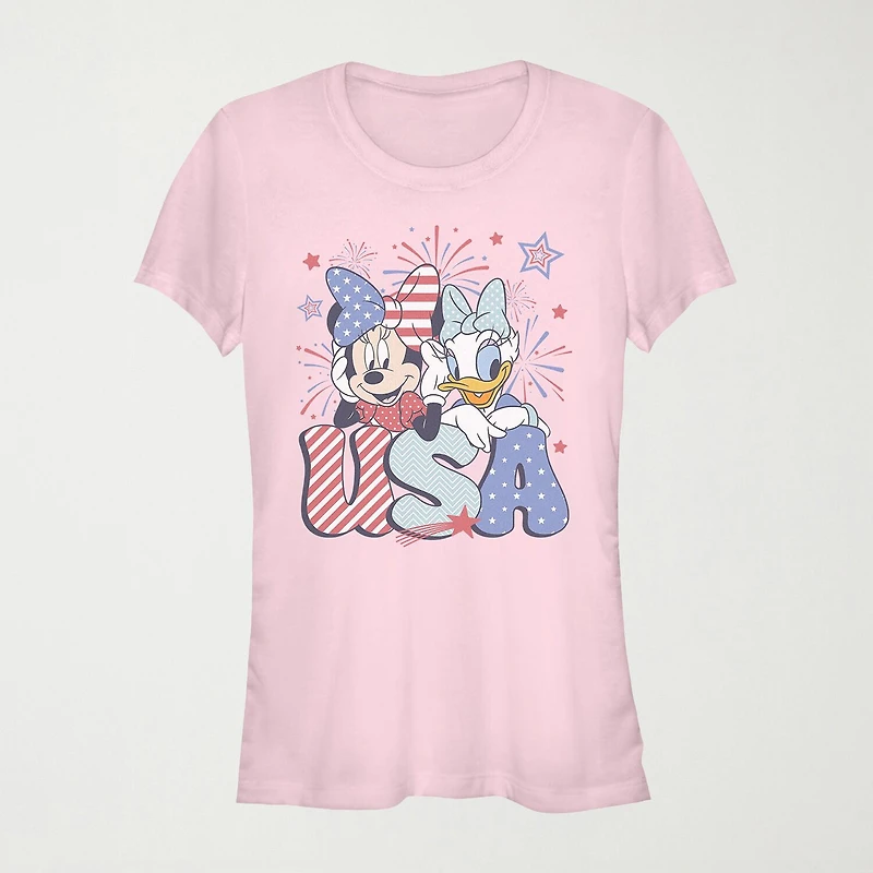 Usa Celebration Womens Juniors Crew Neck Short Sleeve Regular Fit Mickey Mouse Graphic T-Shirt
