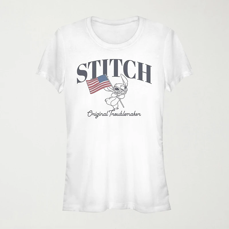 Stitch Flag Womens Juniors Crew Neck Short Sleeve Regular Fit Lilo & Stitch Graphic T-Shirt