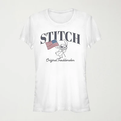 Stitch Flag Womens Juniors Crew Neck Short Sleeve Regular Fit Lilo & Stitch Graphic T-Shirt