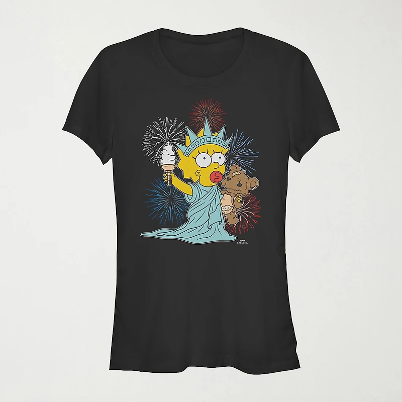 Fireworks Maggie Womens Juniors Crew Neck Short Sleeve Regular Fit The Simpsons Graphic T-Shirt