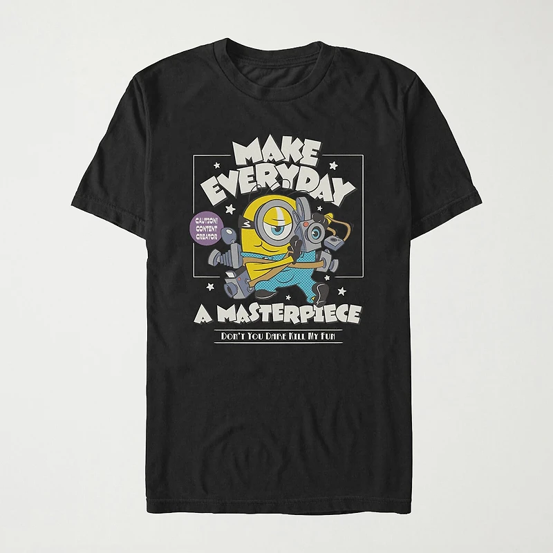 Make Everyday A Masterpiece Womens Juniors Crew Neck Short Sleeve Regular Fit Minions Graphic T-Shirt
